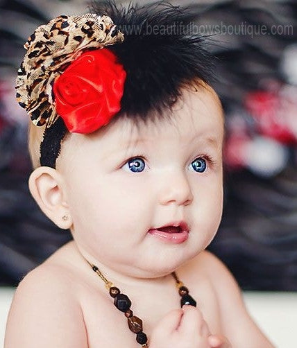 Baby Red Leopard Satin Rosette Flower Girls Lace Headband