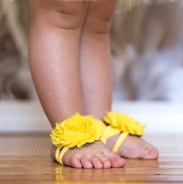 Yellow Chiffon Fabric Barefoot Baby Flower Sandals at Beautiful Bows Boutique