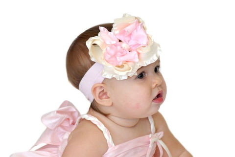 Ivory & Light Pink Ruffle Girls Hair Bow Clip or Headband