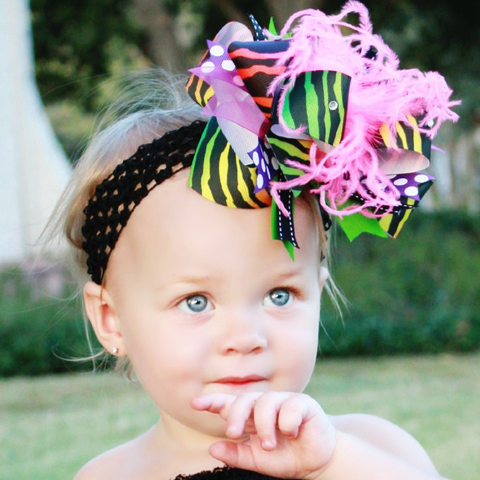 Funky Big Over The Top Rainbow Zebra Hair Bow Clip or Baby Headband