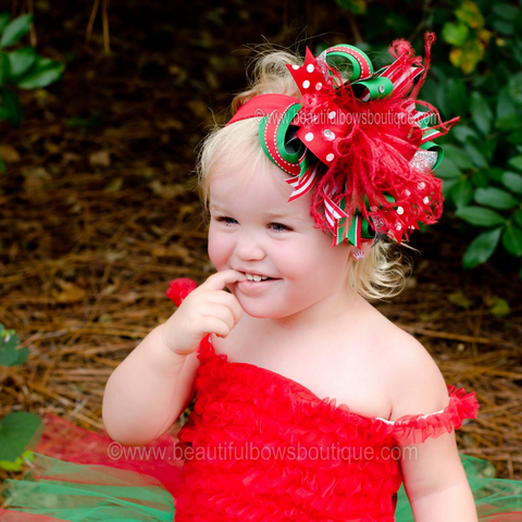 Big Red Green Christmas Over The Top Hair Bow or Infant Headband