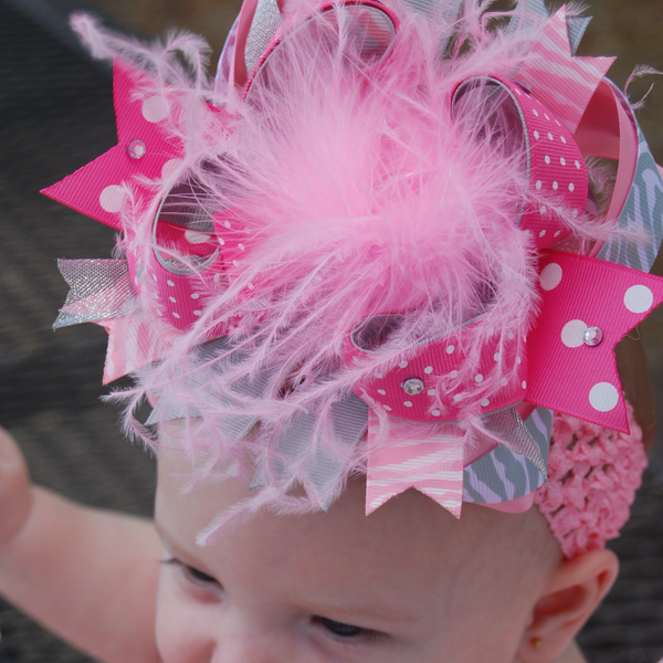 Over the Top Light Pink Grey Girls Big Hair Bow Clip or Headband