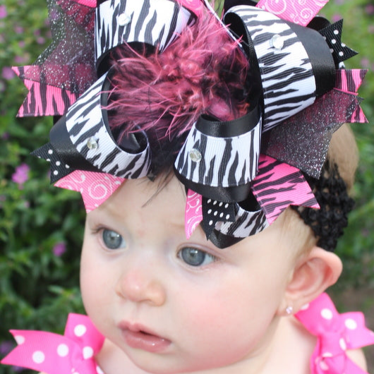 Big Hot Pink Black Zebra Girls Over The Top Hair Bow Clip or Headband