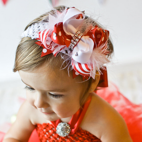 Fancy Stripes Red and White Girls Hair Bow Clip or Baby Headband