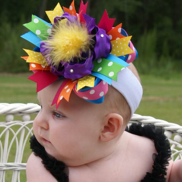 Bright Turquoise Pink Yellow and Lime Stacked Hair Bow, Stacked Bow Headband