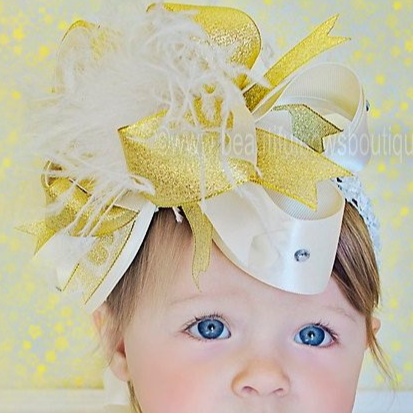 Ivory and Gold Hair Bow Over the Top, Gold and Ivory Baby Headband