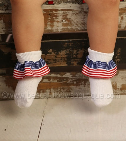 Flag Baby Socks,Patriotic Ribbon Ruffle Socks,Red White Blue Baby Socks,Frilly Socks,Baby Ribbon Socks,Frilly Baby Socks,4th of July Socks