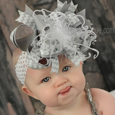 Big Boutique Light Grey and White Chevron Over the Top Hair Bow or Baby Headband