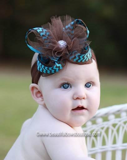 Turquoise and Brown Tulle Girls Hair Bow or Baby Headband