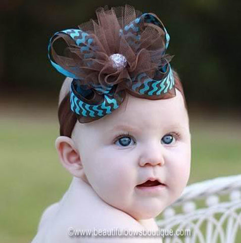 Turquoise and Brown Tulle Girls Hair Bow or Baby Headband
