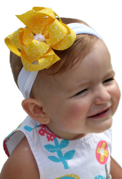 Dainty Yellow Swirls Girls Hair Bow Clip or Headband