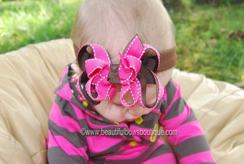 Dainty Hot Pink & Brown Stitch Girls Hair Bow Clip or Headband