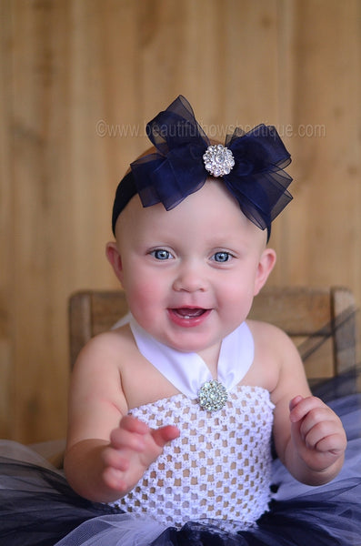 Fancy Navy Blue Organza Bow Baby Girl Headband