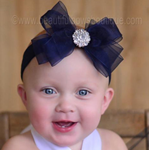 Fancy Navy Blue Organza Bow Baby Girl Headband