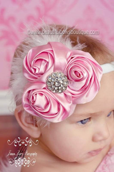 Sweet Pink and White Vintage Chiffon Rose White Baby Headband