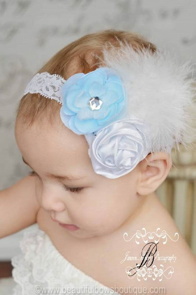 Vintage Baby Blue & White Rosettes Madison White Feather Flower Girls Lace Headband