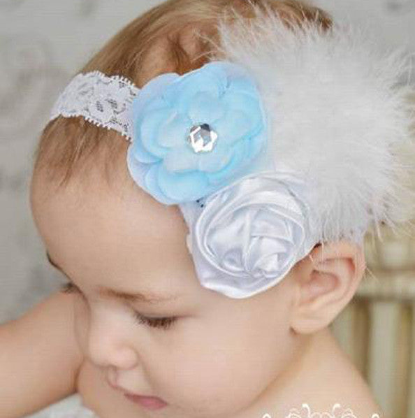Vintage Baby Blue & White Rosettes Madison White Feather Flower Girls Lace Headband