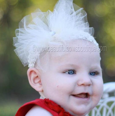 Ivory Tulle Hair Bow Headband for Babies Toddlers