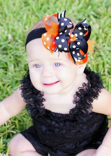 Halloween Baby Headband Black Orange Polka Dot Knit Headband