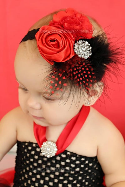 Infants Red Black Feather Shabby Vintage Flower Headband