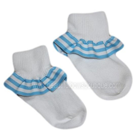 Turquoise White Stripe Ribbon Ruffle Socks