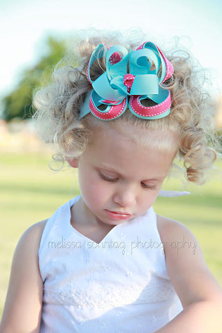 Baby Blue and Hot Pink Girls Hair Bow Clip or Headband