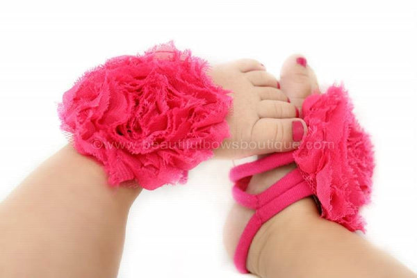 Shocking Pink Chiffon Fabric Flower Barefoot Baby Sandals