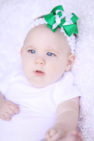 Small Green and White Hair Bow Clip or Baby Headband