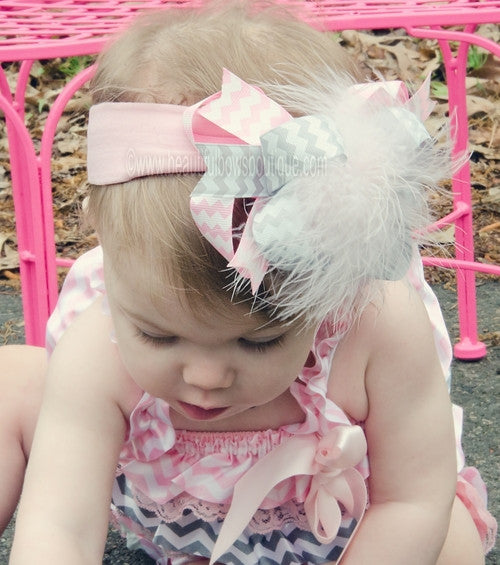 Chevron Gray Pink Hair Bow Baby Headband