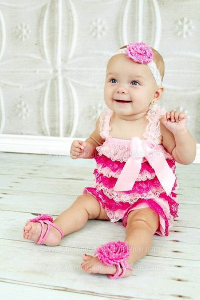 Hot Pink Swiss Dot Chiffon Fabric Flower Barefoot Baby Sandals