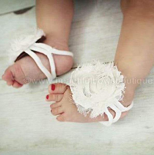 White Chiffon Fabric Flower Barefoot Baby Sandals
