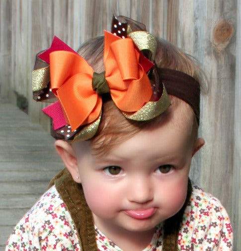 Large Fancy Fall Brown Orange Gold Hair Bow Clip or Baby Headband
