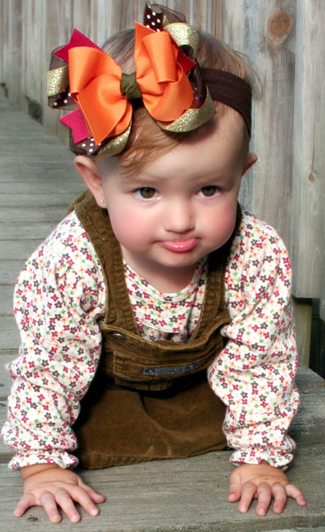 Large Fancy Fall Brown Orange Gold Hair Bow Clip or Baby Headband