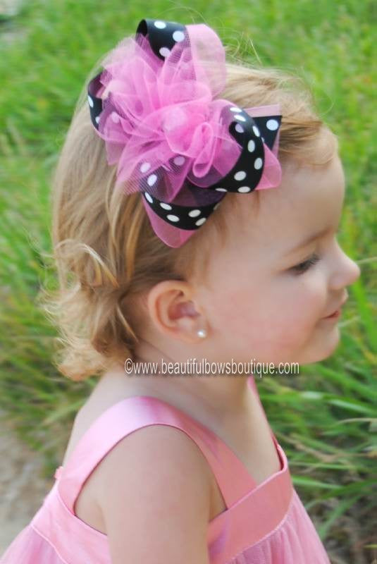 Hot Pink Black Polka Tulle Puff Girls Hair Bow Clip or Headband