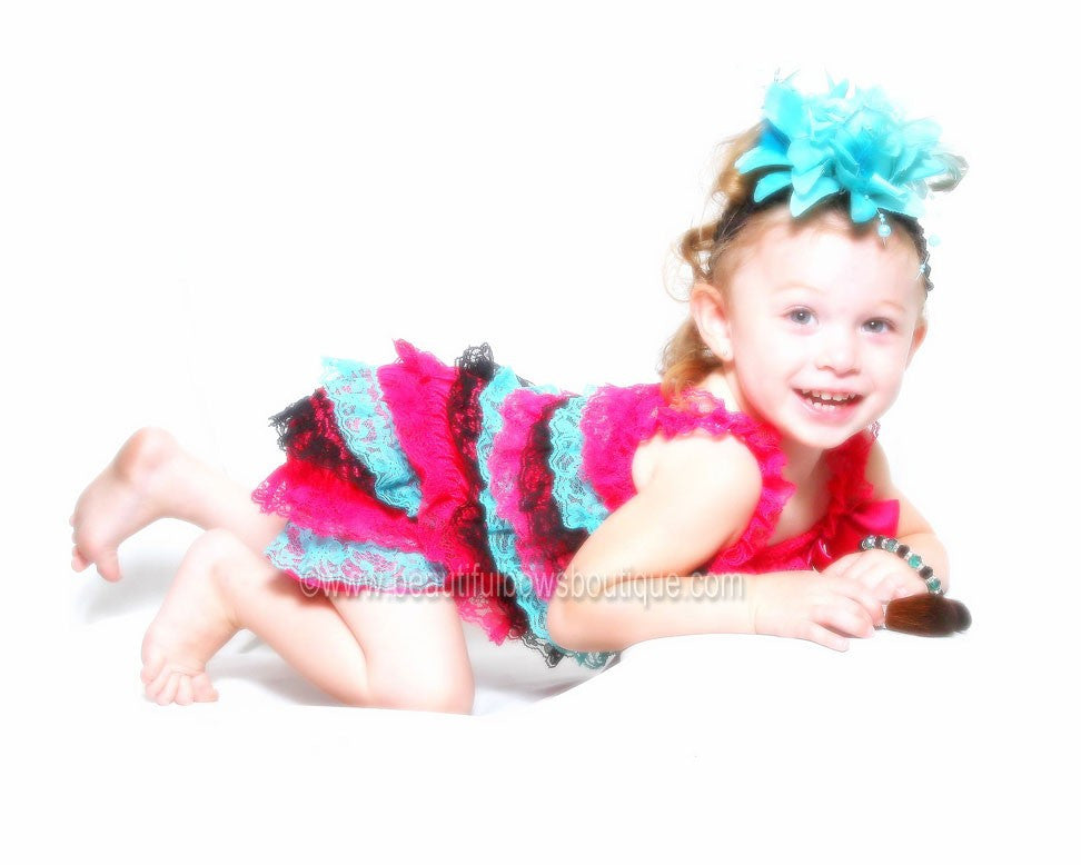 Hot Pink Teal and Black Lace Baby Petti Romper