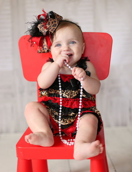 Red and Black Cheetah Romper and Bow Headband Infant Toddler