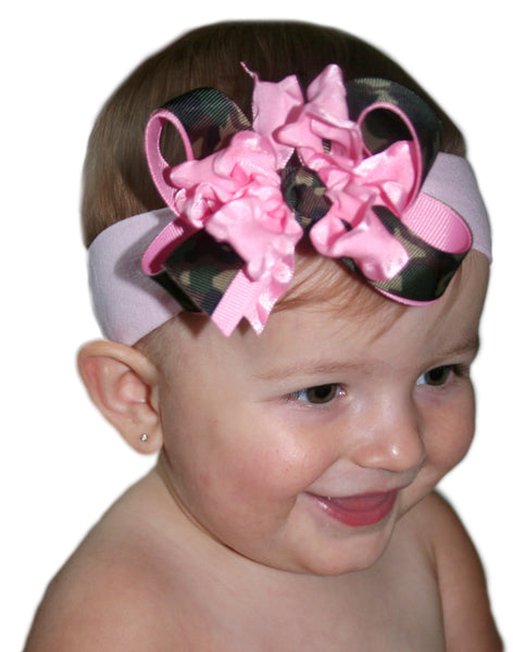 Dainty Pink Ruffle Camo Girls Hair Bow Clip or Headband