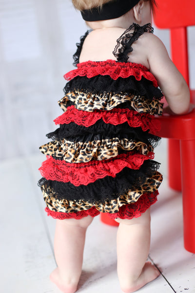 Red and Black Cheetah Romper and Bow Headband Infant Toddler