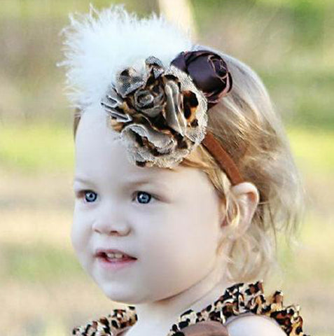 Dazzling Feather Leopard Satin Flower Baby Headband