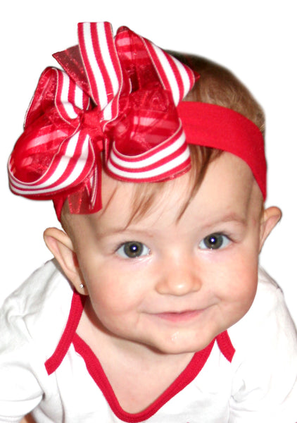 Red & White Stripe Girls Hair Bow Clip Clip or Headband