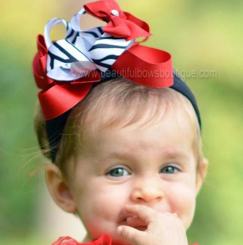 Large Double Layered Red Zebra Hair Bow Clip or Headband