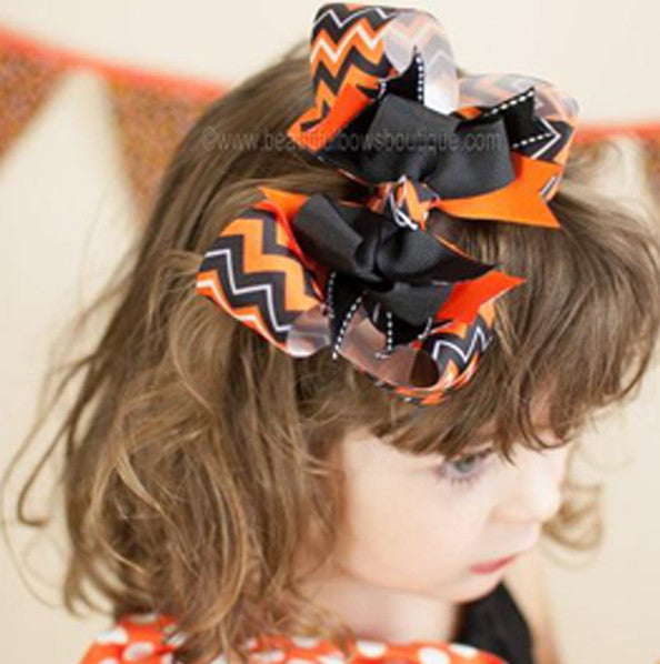 Orange and Black Chevron Hair Bow Clip or Headband
