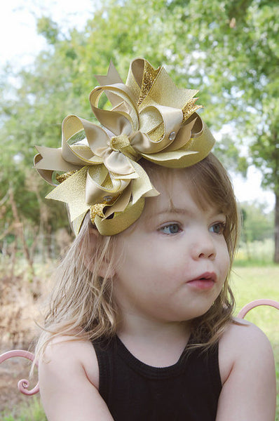 Fancy Large Metallic Gold Girls Hair Bow, Gold Baby Headband New Years