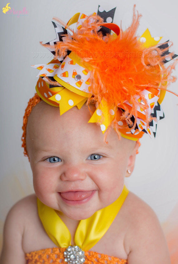 Candy Corn Hair Bow Halloween Baby Headband Over The Top Stacked Baby Toddler Girl 6 inch (Shown) / Alligator Clip with Headband
