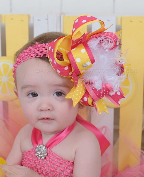 Yellow Pink Lemonade Birthday Hair Bow Headband