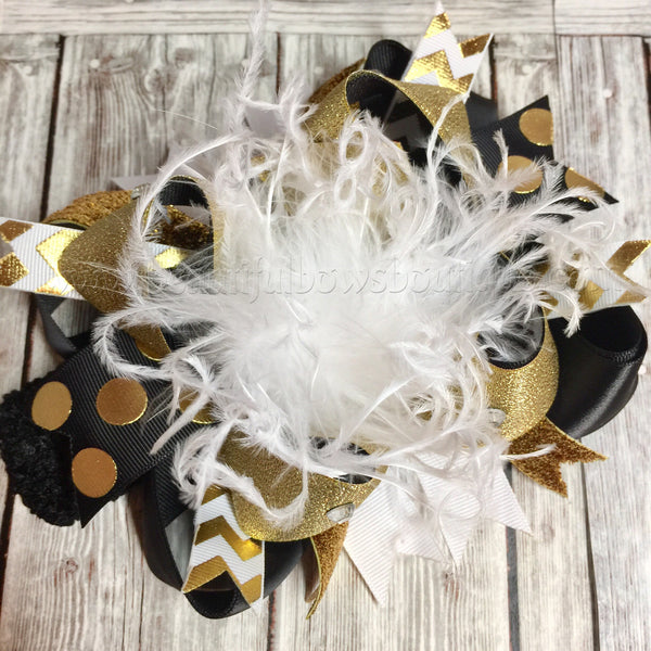 Big Boutique White Black and Gold Over the Top Hair Bow