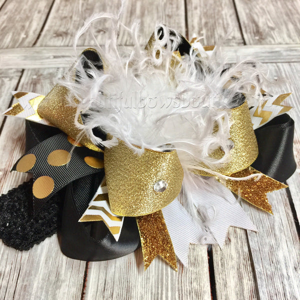 Big Boutique White Black and Gold Over the Top Hair Bow