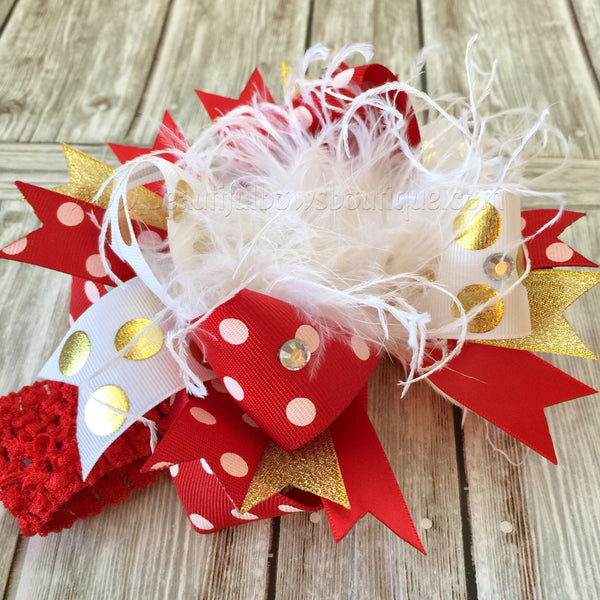 Boutique White Red and Gold Over the Top Big Hair Bow