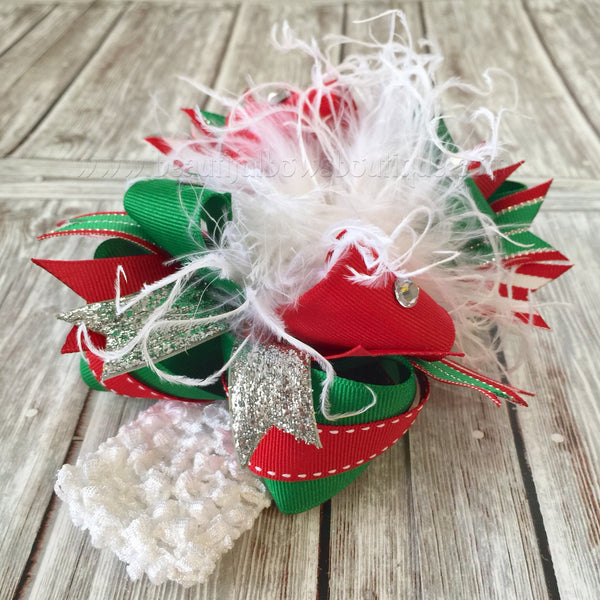 Boutique Christmas White Red and Green Over the Top Big Hair Bow