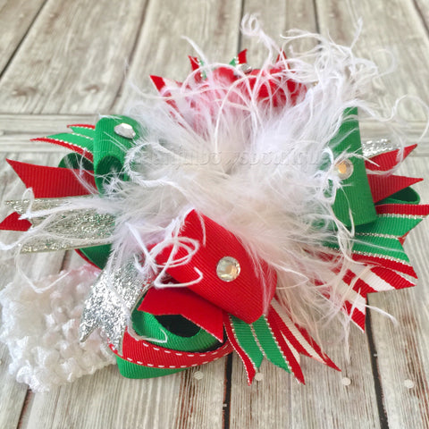 Boutique Christmas White Red and Green Over the Top Big Hair Bow